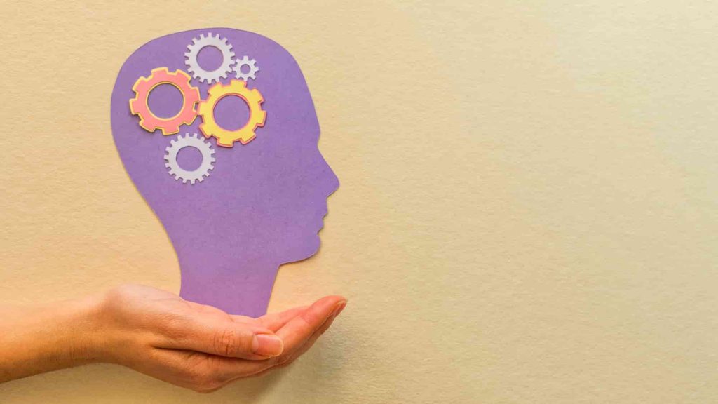 Paper head silhouette with gears held in a hand